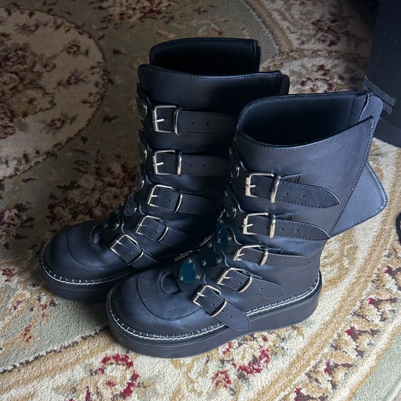 Demonia Black Combat Boots with Green Heart Accents - Picture 2 of 7